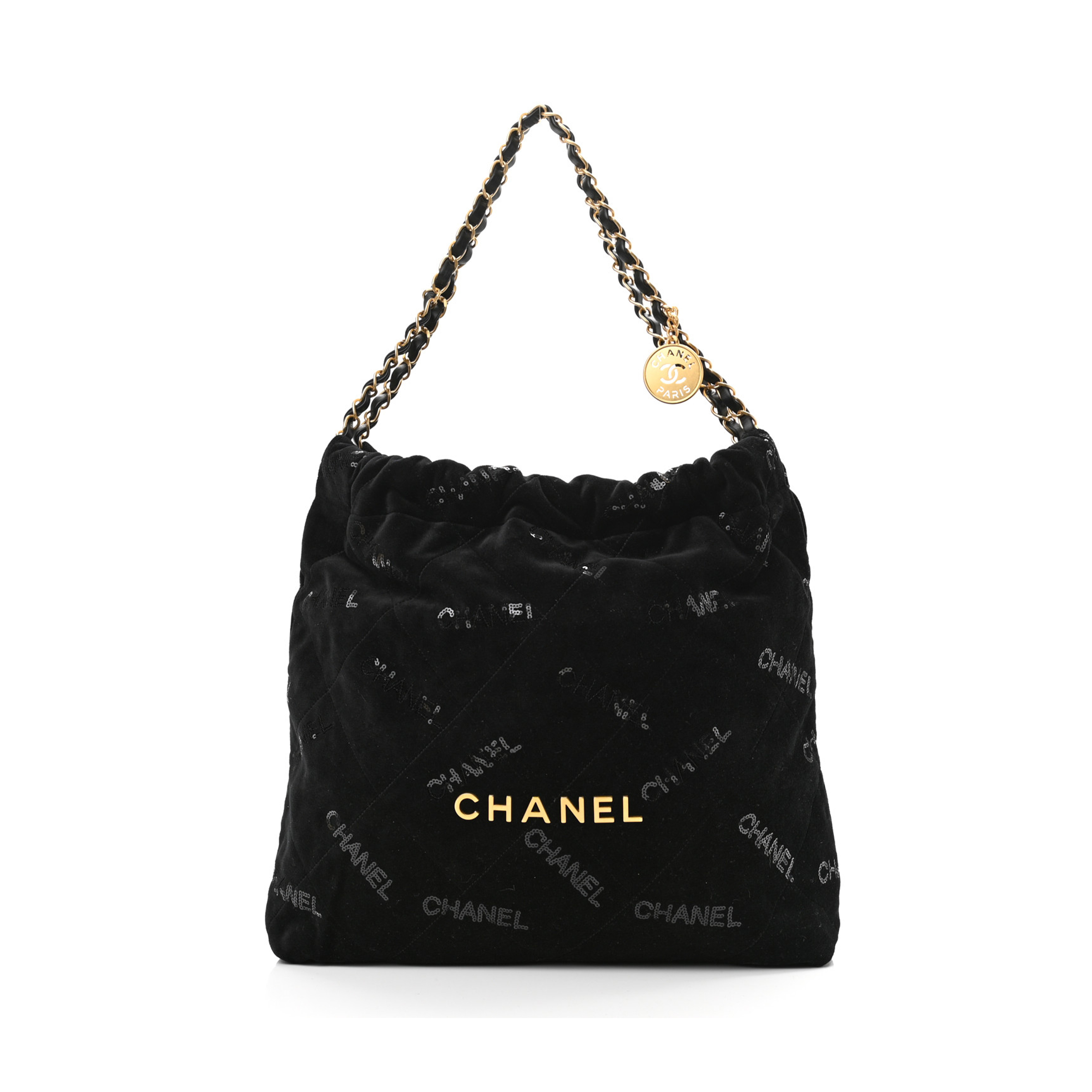 CHANEL VELVET SEQUIN QUILTED CHANEL 22 BLACK GOLD HARDWARE (37*35*7cm) CHANEL VELVET SEQUIN QUILTED CHANEL 22 BLACK GOLD HARDWARE (37*35*7cm)